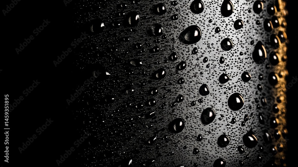 Poster black cylindrical container showcases glistening water droplets, set against a dark background with 