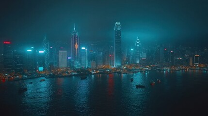 Nighttime cityscape glows with vibrant, futuristic hues, reflecting on the water. Skyscrapers stand tall, illuminated by a vibrant color palette against a misty, dark background