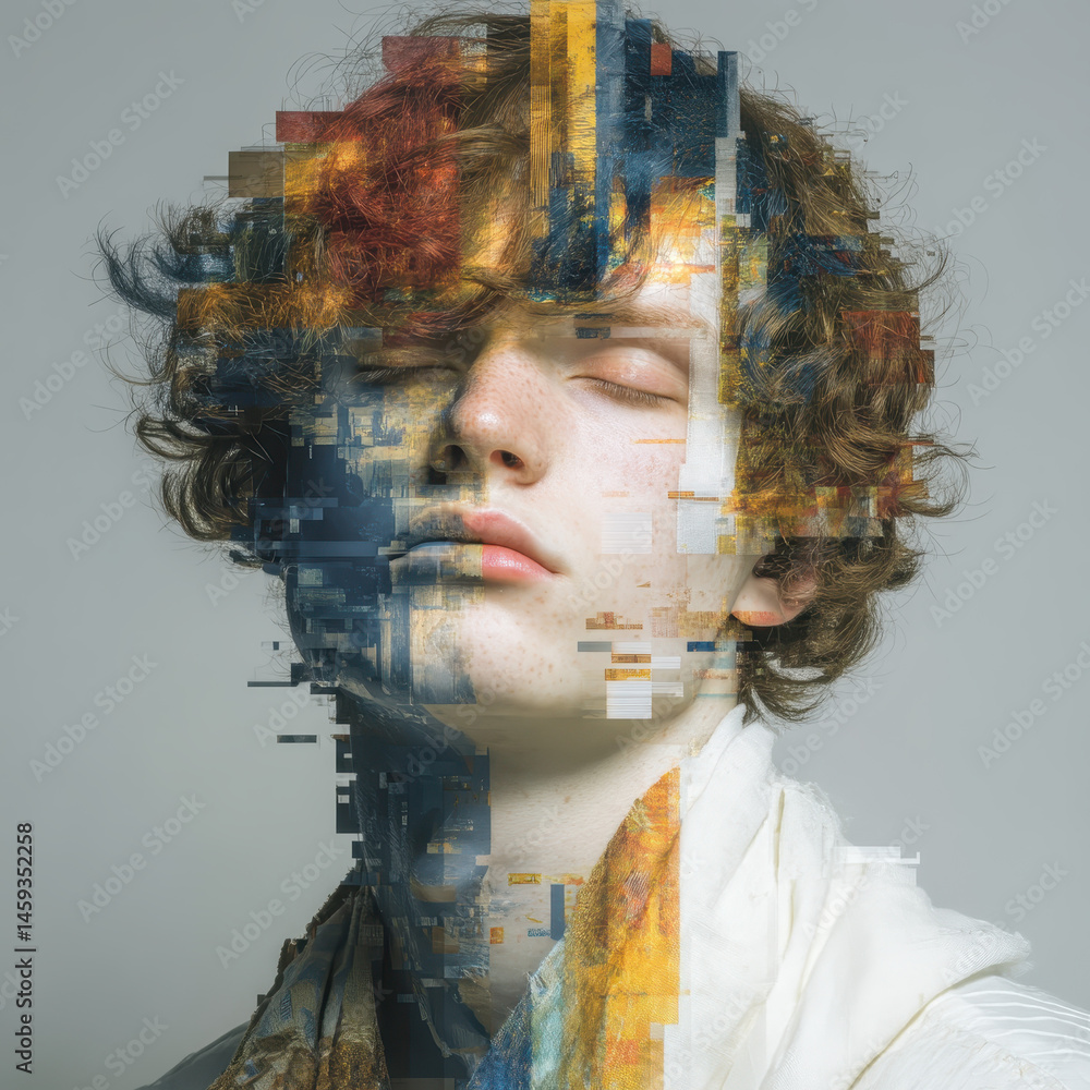Poster close-up portrait depicting half real human face and half digitally generated features with visible 