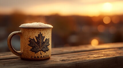 Maple leaf mug with frothy beer on rustic table, celebrating Canada Day with warmth and cheer
