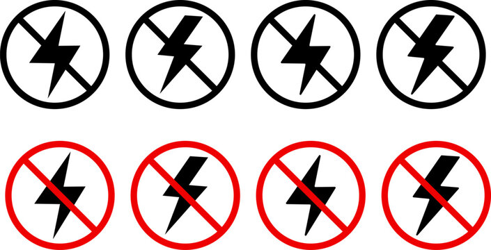 no lightning electricity sign set. Blackout icons. power outage. bright warning. Antistatic material flash icon. no electric sign
