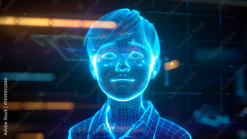 Poster This glowing blue digital avatar of a boy with detailed facial features and depthmap tech.