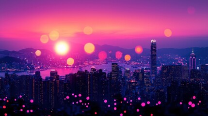 Fototapeta premium Vibrant city skyline at sunset, bokeh lights creating a dreamy, urban atmosphere
