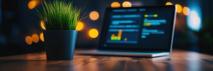 Modern Workspace with a Laptop, Plant, and Blurry Background Lights at Night