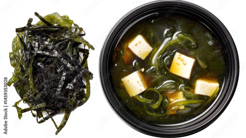 Poster Close-up view of a steaming bowl of miso soup featuring tofu and seaweed, displayed on a minimalist white background with ample space for text
