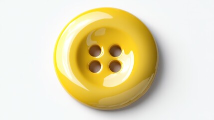 Fototapeta premium A glossy yellow button featuring four holes takes center stage on a pristine white surface, highlighting the simplicity and beauty of everyday objects in fashion design.
