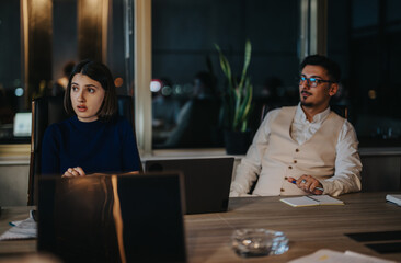 Diverse business people engage in an intense brainstorming session, discussing project solutions...