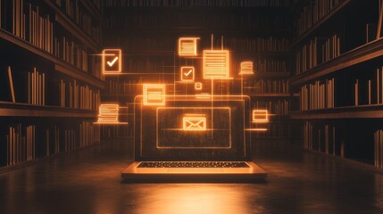 Digital documents and email on laptop in library setting