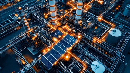 Fototapeta premium Rooftop solar panels on an industrial factory connected to smart power grid, low-angle lighting with urban skyline in distance, eco-aware infrastructure
