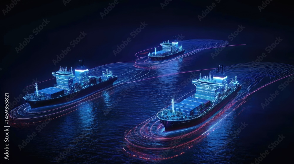 Poster night shot of illuminated container port with cranes and ships in operation