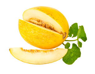 Yellow melon with cut and green leaves. Ripe fresh organic natural food. Isolated. PNG.