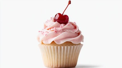 This delightful pink frosted cupcake topped with a vibrant cherry is sure to please dessert lovers. Perfect for bakery promotions and social media sharing.