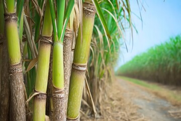 Fototapeta premium Sugar cane stalks with sugar cane plantation background