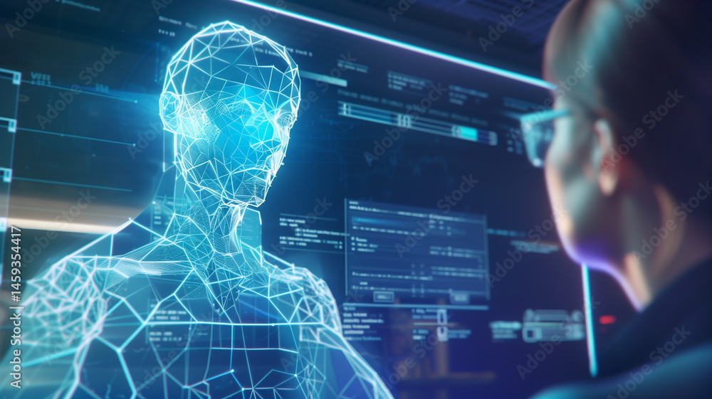 Poster This individual interacts with a holographic figure using advanced tracking and depthmap technology.