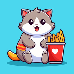 Fototapeta premium Download Cute Cat Drink Soda And Eating French Fries Cartoon Vector Eps File For Design.