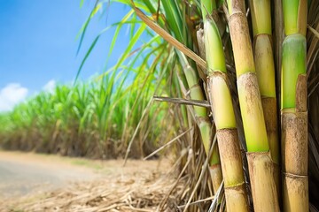 Fototapeta premium Sugar cane stalks with sugar cane plantation background