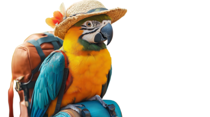 Parrot with miniature backpack and hat, looking alert and colorful 