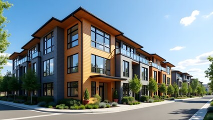 Fototapeta premium Modern apartment buildings, urban residential development, multi-story townhouses, contemporary architecture, orange and gray exterior, large windows, balconies, free-lined street, blue sky, sunny day