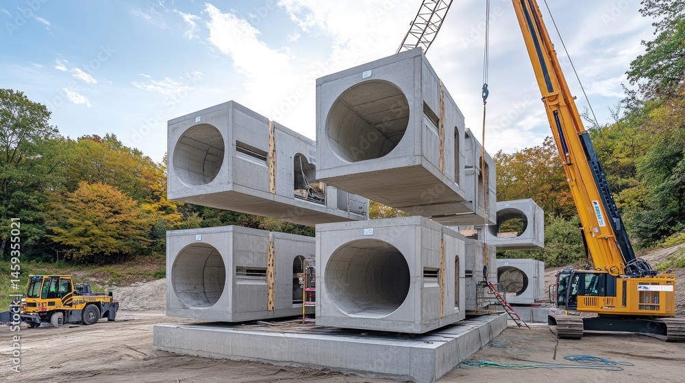 Poster precast concrete modules stacked and labeled with rfid tracking tags for smart assembly