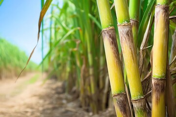 Fototapeta premium Sugar cane stalks with sugar cane plantation background