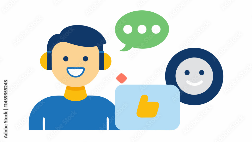 Poster feedback loop a customer giving feedback via chat with a chatbot illustrated with thumbsup or smiley