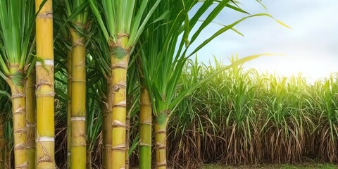 Obraz premium Sugar cane stalks with sugar cane plantation background