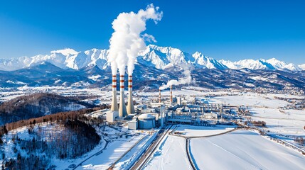 Mountain-facing nuclear plant with snow-covered peaks behind, cooling towers emit soft vapor, wide asphalt area in foreground, no activity shown