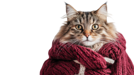 Maine Coon with knitted scarf, cold weather fashion, white backdrop