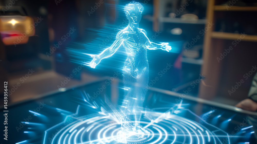 Poster This 3D holographic figure is showcased in a room using depth mapping and tracking tech.