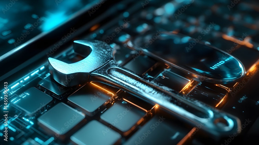 Aufkleber metallic wrenches rest on a technological keyboard.