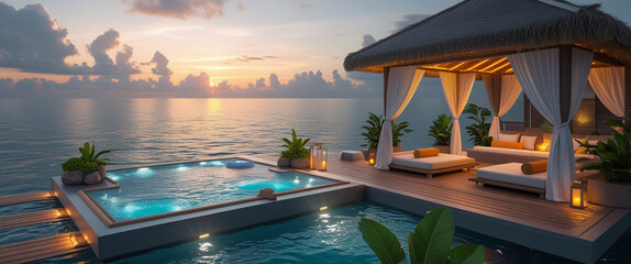 Serene oceanfront sunset scene featuring a luxurious gazebo with daybeds and a sparkling pool at twilight