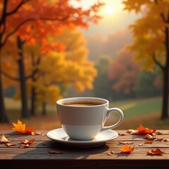 Cup of coffee on a wooden table with autumn leaves in the background