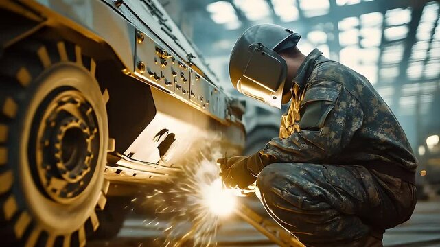 Military personnel welding vehicle in a factory.
