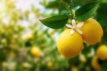 Close-up Lemon fruit with flower hanging on tree in lemon farm