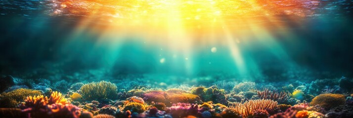 Fototapeta premium Vibrant Underwater Scene with Colorful Coral and Sunlight Streaming Through Water