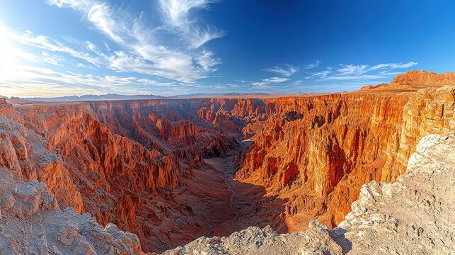 Panoramic view of a desert canyon with dramatic rock formations under blue skies - Powered by Adobe