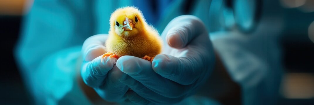 Close-Up View of a Yellow Chick in the Hands of a Veterinarian in a Clinical Setting