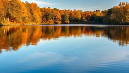 Fototapeta premium Autumnal reflections on Blickling Lake, Norfolk's serene waters, october, orange