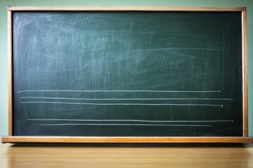 Empty green chalkboard with light wooden frame, three horizontal lines