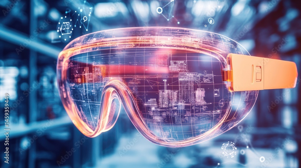 Poster smart glasses projecting building data onto live site view with interactive controls