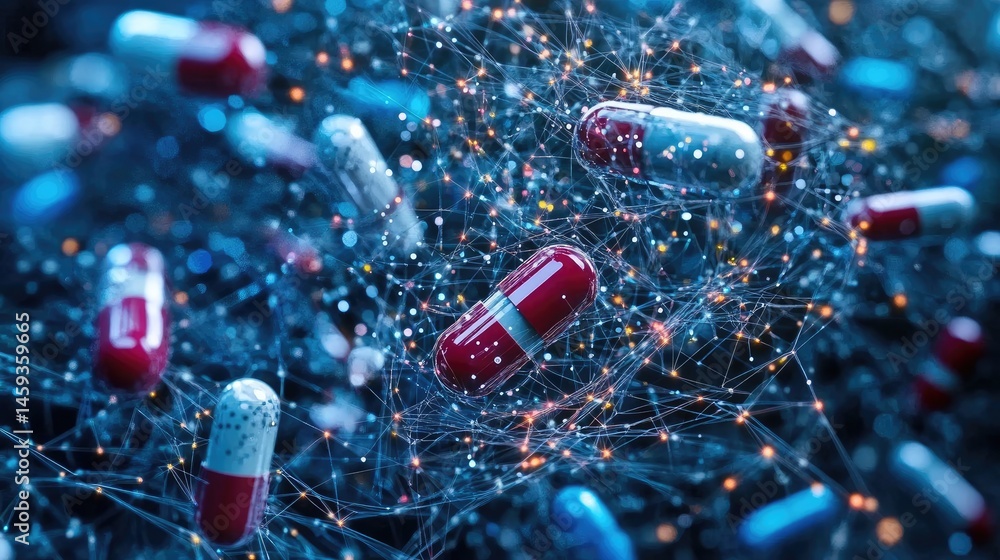 Poster smart pharmaceutical capsules with embedded microchips, floating amid a web of interconnected digita