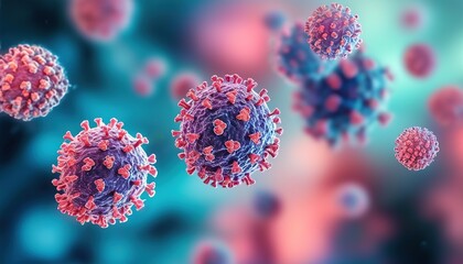 3D microscopic visualization of viral particles with spike proteins, background for healthcare and science themes