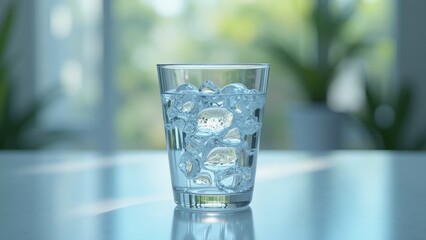Clear glass cup filled with ice cubes on a white table