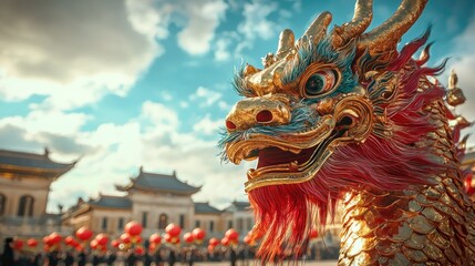 Fototapeta premium Majestic Chinese Dragon Celebration Parade Against Historic Temple Backdrop