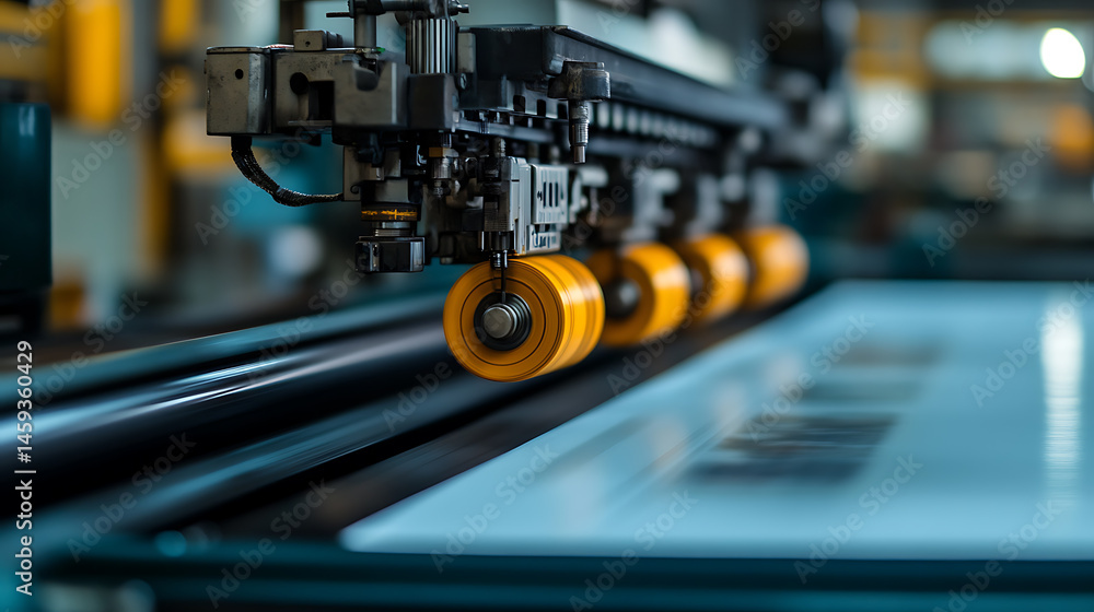 Poster automated factory machine in operation. automated production line. close-up of automated production 