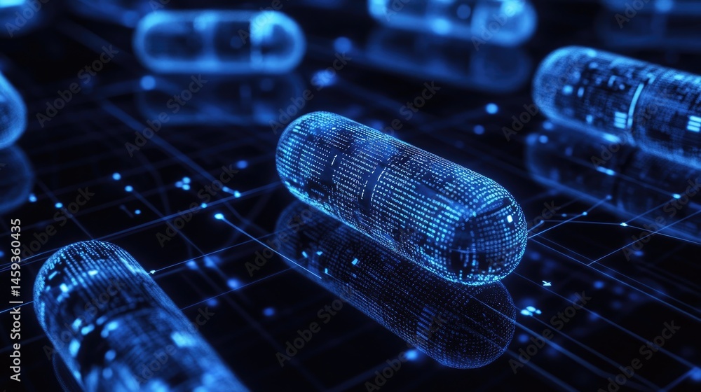 Poster technological visualization of time-release capsules emitting coded data into a digital health cloud