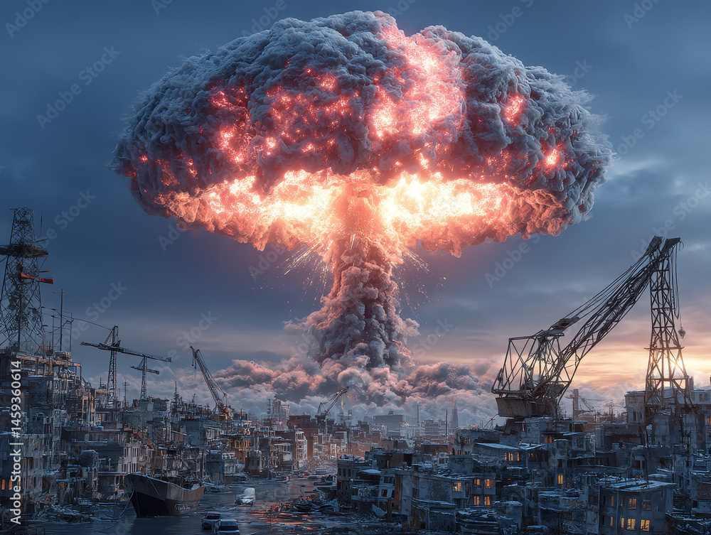Poster futuristic cityscape teeming with life as ai-driven nuclear energy powers advanced architecture
