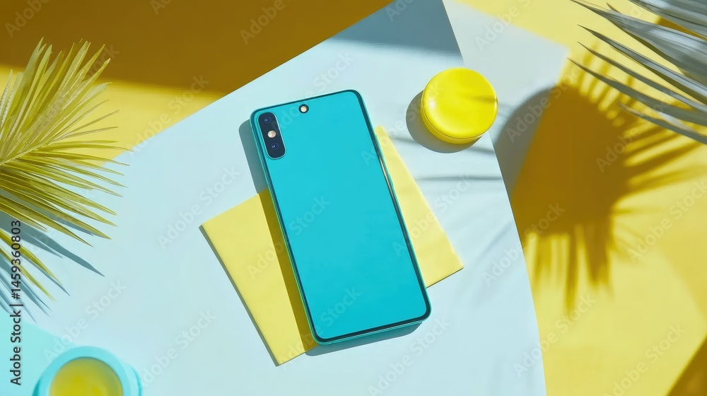 Poster top view of smartphone with social media feed scrolling automatically, placed on a white table