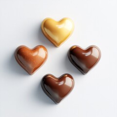 Four heart-shaped chocolates in various colors, gold, brown, and dark brown, arranged on a white surface