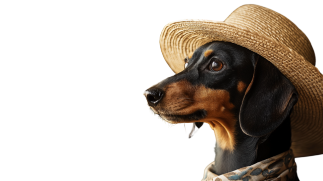 Dachshund in summer straw hat and scarf, looking to the side, cinematic lighting - Powered by Adobe